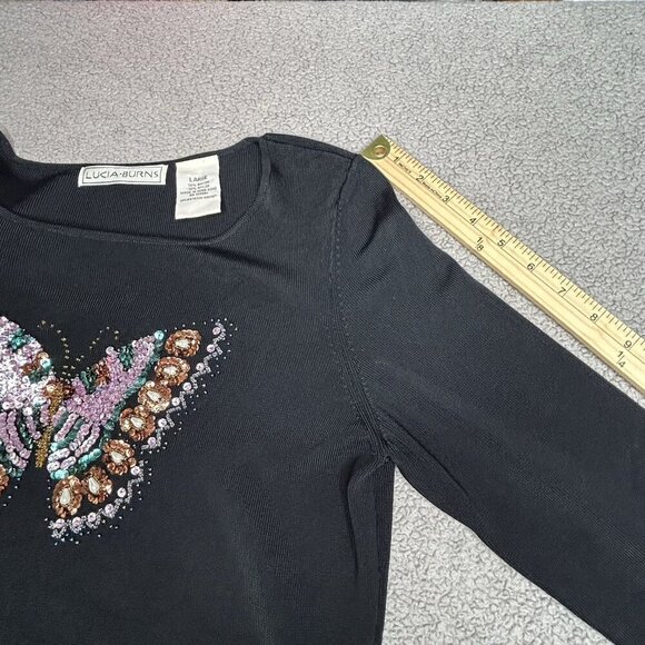 Vintage Lucia Burns Top Womens Large Black Y2K Butterfly Fairy Stretch Beaded L - Picture 8 of 11